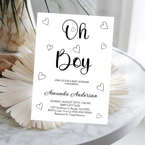 Minimalist Oh Boy White Black Baby Boy Shower Invitation