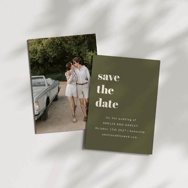 Minimalist Olive Fall Retro Simple Wedding Photo Save The Date (Creator Uploaded)