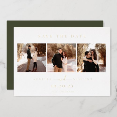 Minimalist Olive Green Photo Save The Date Foil Invitation