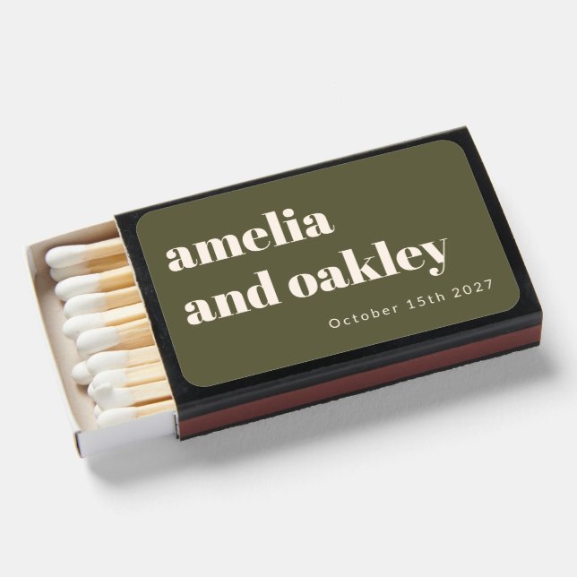 Minimalist Olive Green Retro Custom Wedding Names Matchboxes (Front Open)