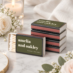 Minimalist Olive Green Retro Custom Wedding Names Matchboxes