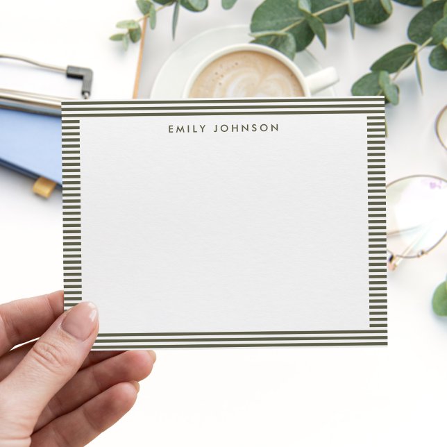 Minimalist Olive Green Stripes Monogram Note Card (Creator Uploaded)