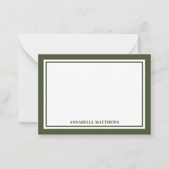 Minimalist Olive Green Two Border Monogram Note Card (Front)