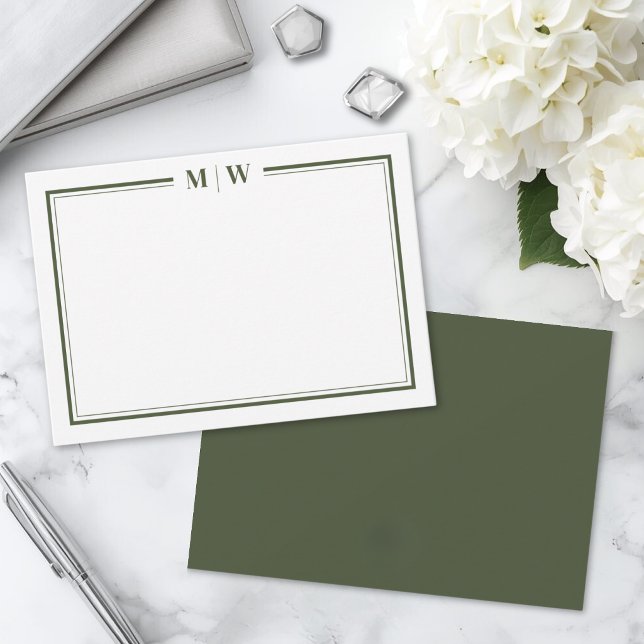 Minimalist Olive Green Two Border Monogram Note Card (Minimalist Olive Green Two Border Monogram Note Card )
