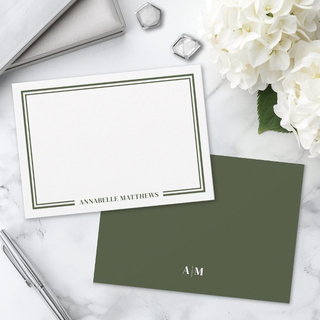 Minimalist Olive Green Two Border Monogram Note Card (Minimalist Olive Green Two Border Monogram Note Card)