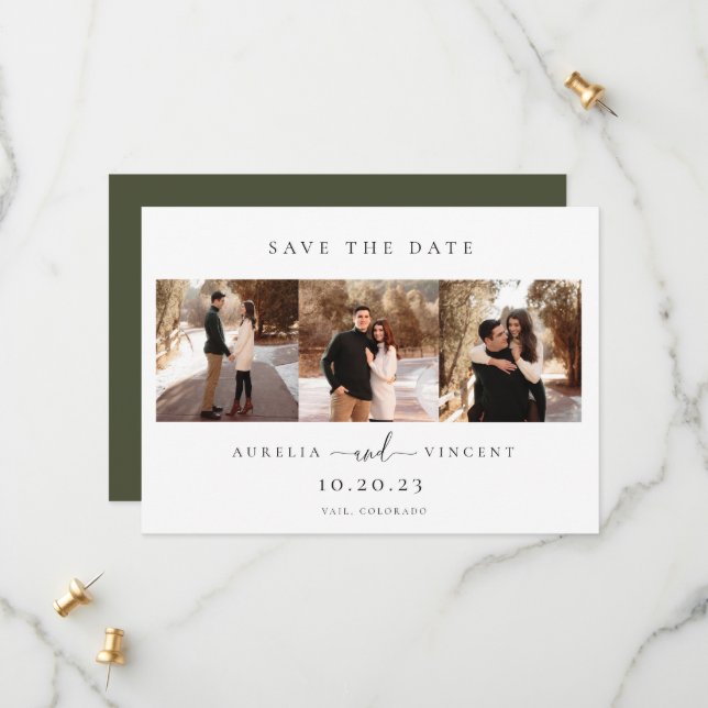 Minimalist Olive Green Wedding Photo Save The Date (Front/Back In Situ)