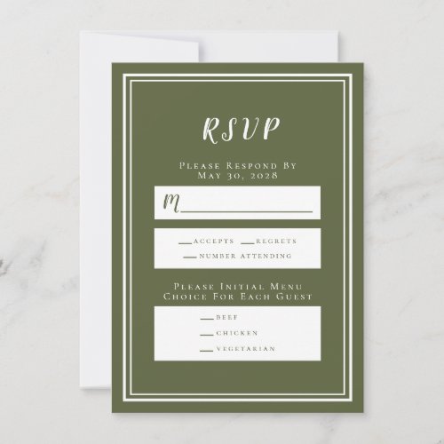 Minimalist Olive Green Wedding RSVP Menu Card