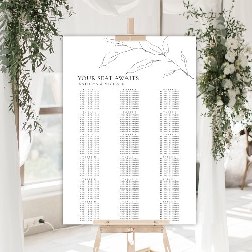 Minimalist Olive Leaf Wedding 18 Table Seating Poster