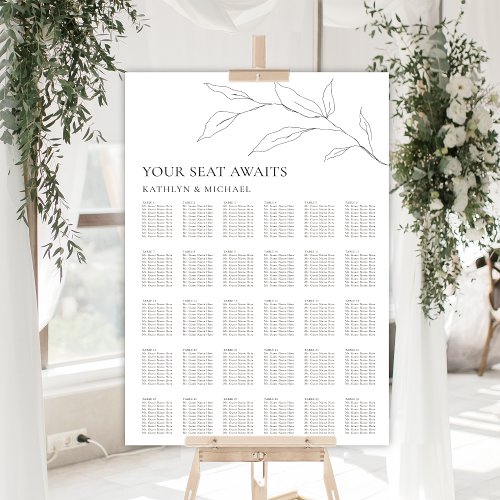 Minimalist Olive Leaf Wedding 30 Table Seating Poster