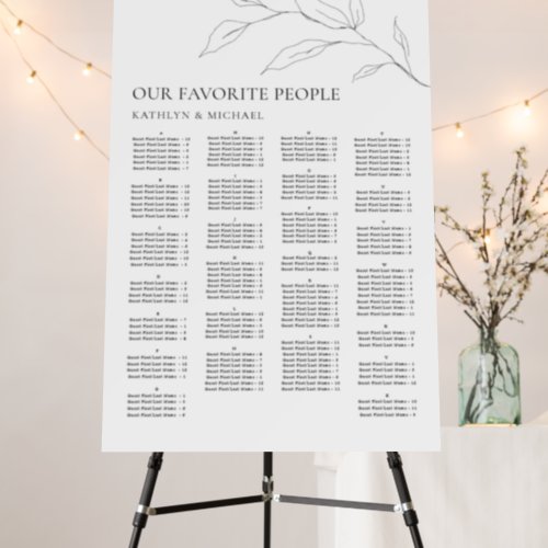 Minimalist Olive Leaf Wedding Alphabetical Seating Foam Board