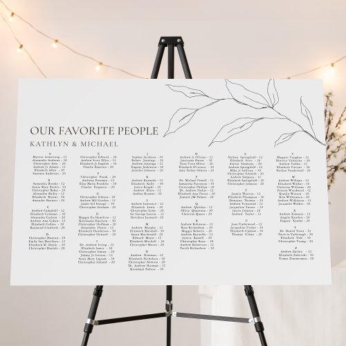 Minimalist Olive Leaf Wedding Alphabetical Seating Foam Board