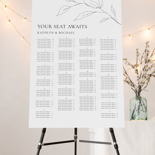 Minimalist Olive Leaf Wedding Alphabetical Seating Foam Board