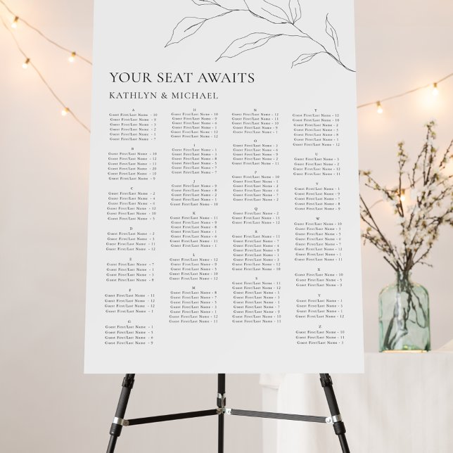 Minimalist Olive Leaf Wedding Alphabetical Seating Foam Board (Creator Uploaded)