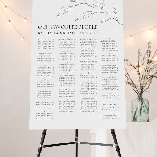 Minimalist Olive Leaf Wedding Alphabetical Seating Foam Board