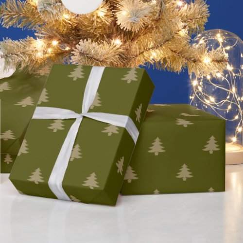 Minimalist olive moss green gold Christmas trees Wrapping Paper