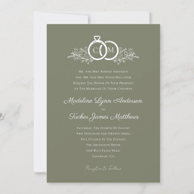 Minimalist Olive Wedding Rings Monogram Photo Invitation (Front)