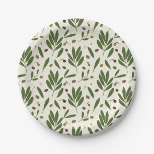 Minimalist Olives and Branches - seamless pattern. Paper Plates