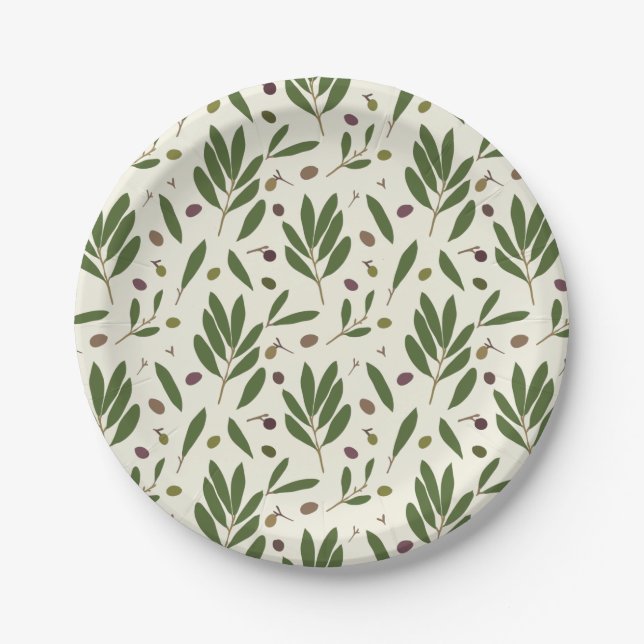 Minimalist Olives and Branches - seamless pattern. Paper Plates (Front)