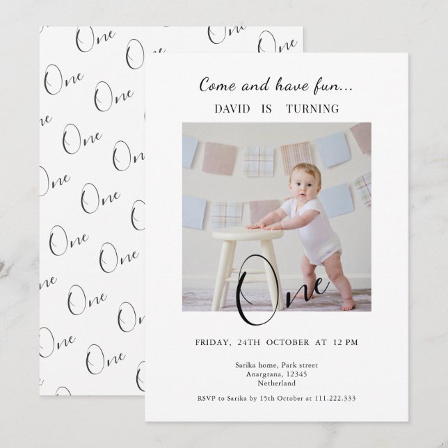 Minimalist One  Custom Photo First Birthday Invitation (Front/Back)