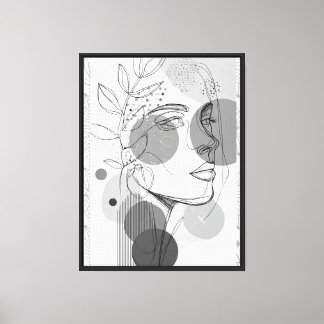 Minimalist One Line Art Portrait with Botanical an Canvas Print