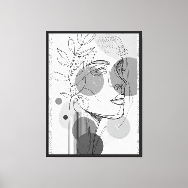 Minimalist One Line Art Portrait with Botanical an Canvas Print (Front)