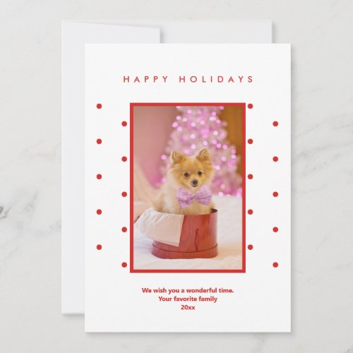 Minimalist One Photo Bright Red Dots  Holiday Card