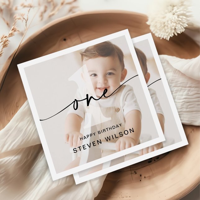 Minimalist One Photo First Birthday Napkins (Creator Uploaded)