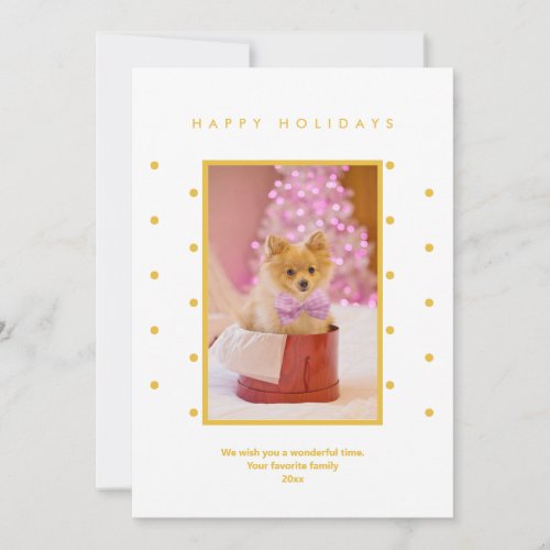 Minimalist One Photo Golden Yellow Dots  Holiday Card