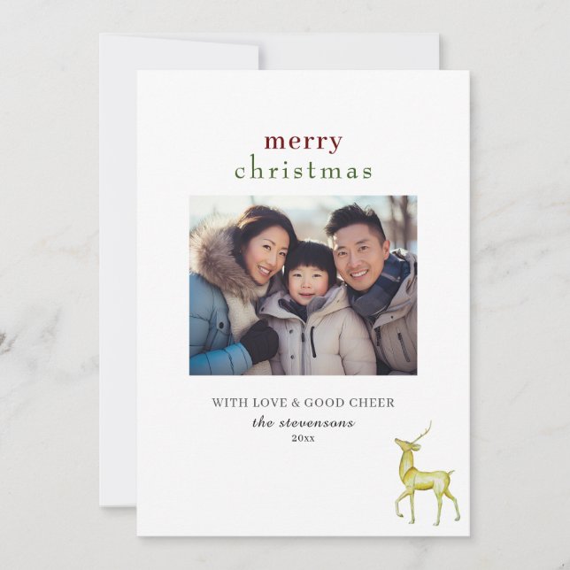 Minimalist One Photo Merry Christmas Reindeer Holiday Card (Front)