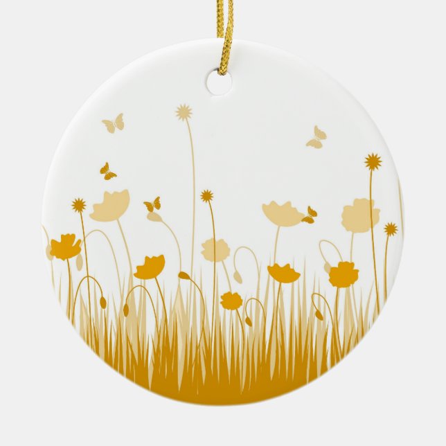 Minimalist Orange and White Poppies Meadow Floral Ceramic Ornament (Front)