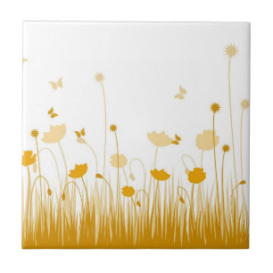 Minimalist Orange and White Poppies Meadow Floral Ceramic Tile