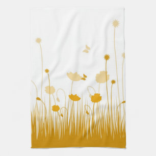 Minimalist Orange and White Poppies Meadow Floral Kitchen Towel