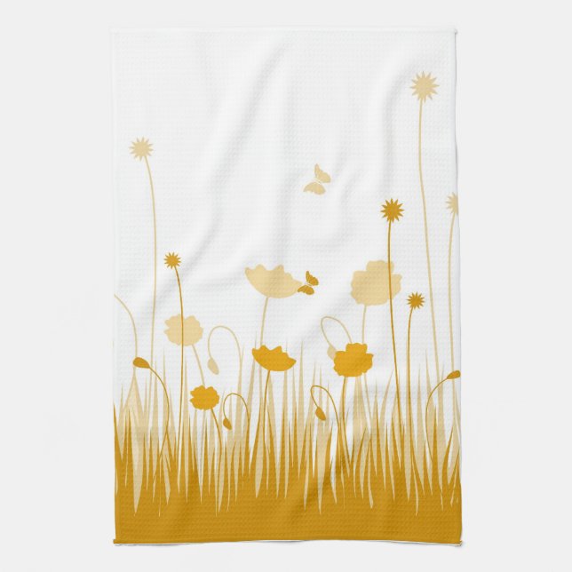 Minimalist Orange and White Poppies Meadow Floral Kitchen Towel (Vertical)