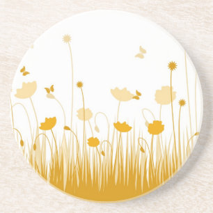 Minimalist Orange and White Poppies Meadow Floral Sandstone Coaster