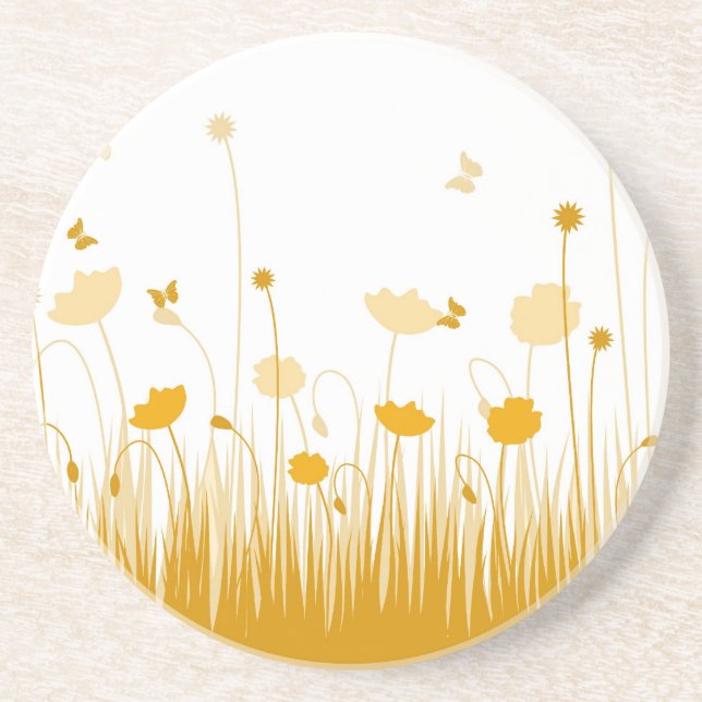 Minimalist Orange and White Poppies Meadow Floral Sandstone Coaster (Front)