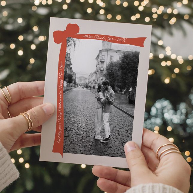 Minimalist Orange Bow Retro Photo Christmas Holiday Card (Creator Uploaded)