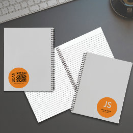 Minimalist Orange Dot Initials Gray Notebook