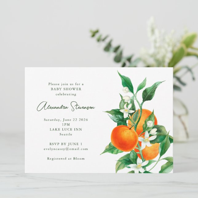 Minimalist Orange Fruit Botanical Baby Shower Invitation (Standing Front)