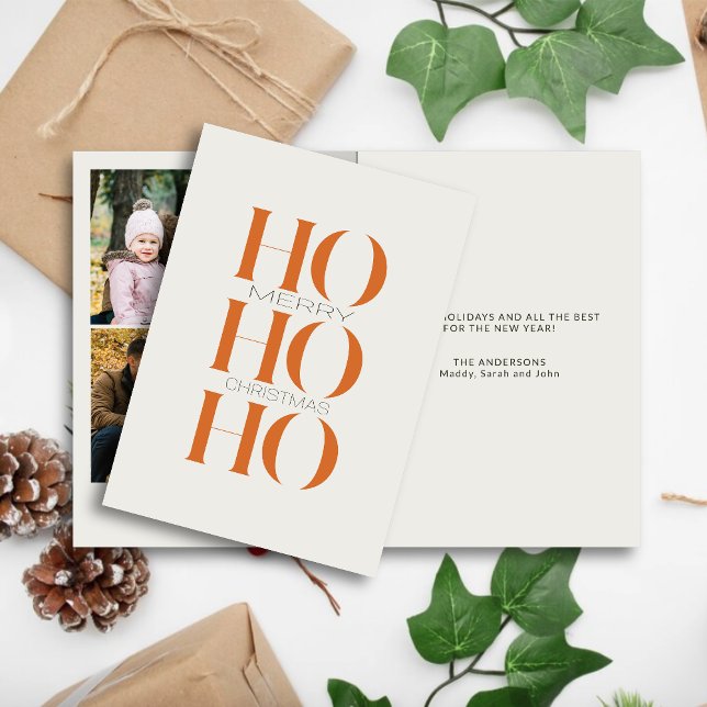 Minimalist Orange "HO HO HO" Photo Christmas  Holiday Card (Creator Uploaded)
