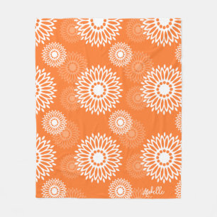 Minimalist Orange Mandala Geometric Floral Name Fleece Blanket