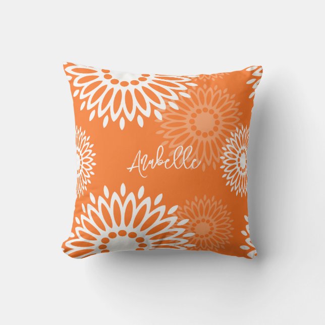 Minimalist Orange Mandala Geometric Floral Name Throw Pillow (Front)