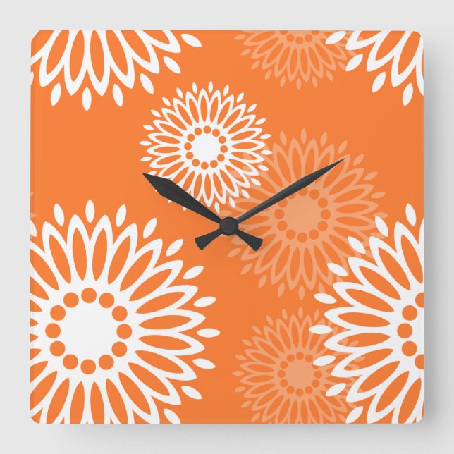 Minimalist Orange Mandala Geometric Floral Pattern Square Wall Clock (Front)