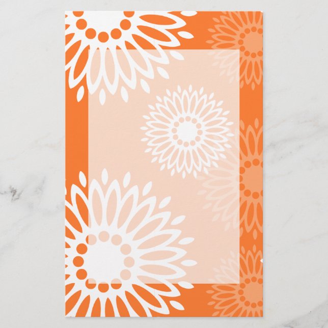 Minimalist Orange Mandala Geometric Floral Pattern Stationery (Front)