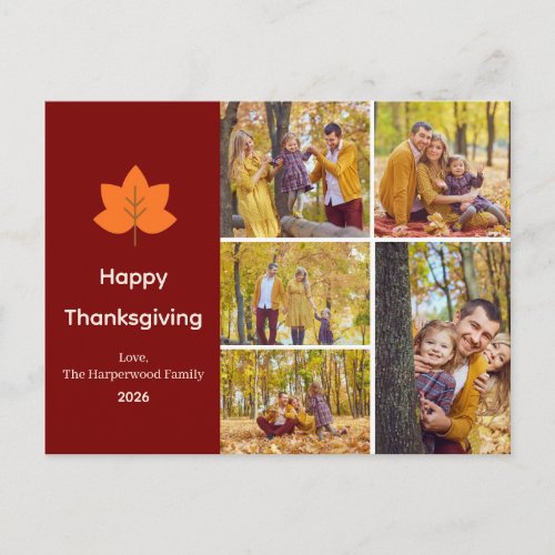 Minimalist Orange Maple Leaf 5 Photo thanksgiving  Holiday Postcard