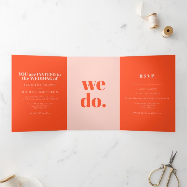 Minimalist Orange Pink Formal Wedding Tri-Fold Card
