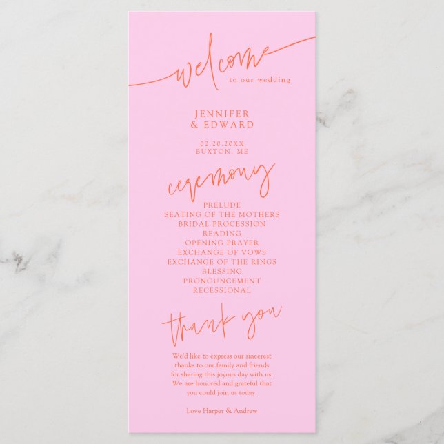 Minimalist Orange Pink Wedding Ceremony Program (Front)
