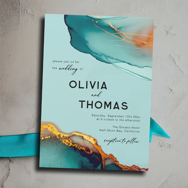 Minimalist Orange Teal Modern Script Fall Wedding Invitation (minimalist modern elegant orange and teal wedding invitation watercolor beach autumn fall romantic)