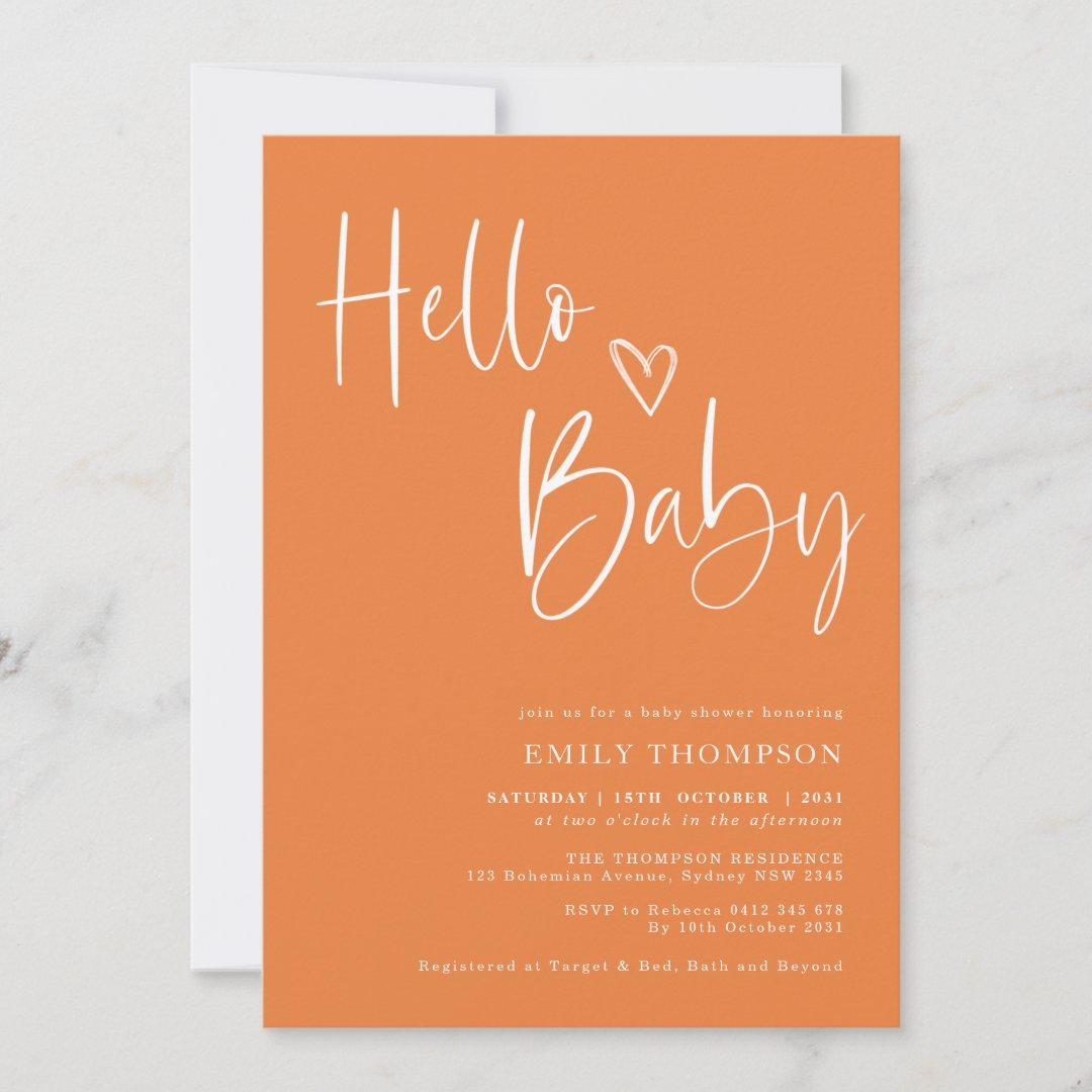 Minimalist Orange White Gender Neutral Baby Shower Invitation Zazzle