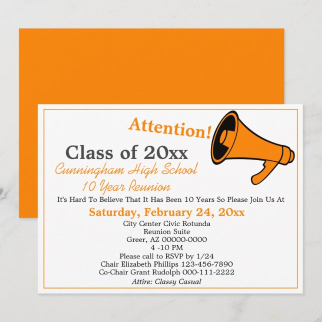 Minimalist Orange White High School Class Reunion Invitation (Front/Back)