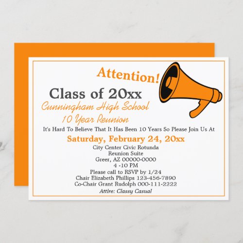 Minimalist Orange White High School Class Reunion Invitation